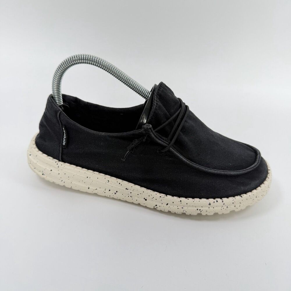 Hey Dude Wendy L Black Canvas Speckled Sole Slip On Loafers Shoes Size 8